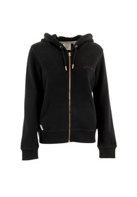 Felpa nera con zip, realizzata in tessuto morbido, con chiusura frontale a cerniera, due tasche, dettagli in hardware dorato e un piccolo logo sul petto.