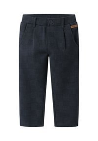 Dunkelblaue karierte Hose mit strukturiertem Muster, ausgestattet mit Knopfverschluss, Gürtelschlaufen und Seitentaschen.