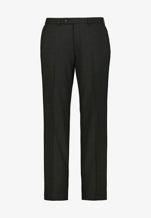 Black trousers with a straight leg design, made from a textured fabric, featuring a single button closure and belt loops.