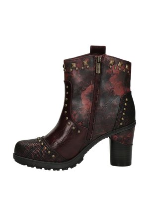 Ankle-high dark red and black leather boot with side zipper, block heel, floral pattern, and small metal studs as decoration.