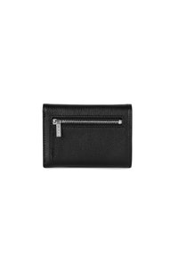 Portefeuille en cuir noir au fini texturé ; possède une poche zippée argentée et une forme rectangulaire élégante. Design minimaliste sans aucune marque visible.