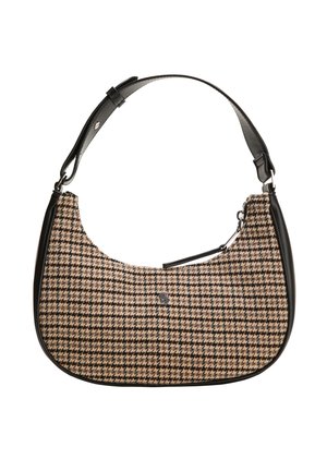 Pieni käsilaukku, jossa ruskeaa ja mustaa koiranhampaakuosia, mustat nahkareunukset, säädettävä olkahihna ja vetoketjulla suljettava aukko.