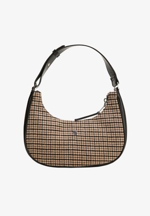 Bolso pequeño con tela de pata de gallo en tonos marrón y negro, ribete de cuero negro, correa ajustable y cierre de cremallera.