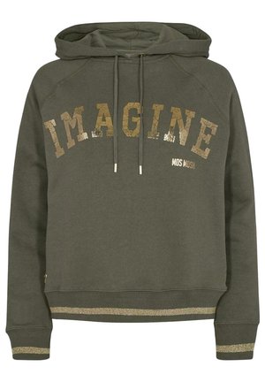 Oliwkowa bluza z kapturem z napisem "IMAGINE" w złotym brokacie oraz mniejszym logo "MOS MOSH", ściągacze na rękawach i u dołu ze złotą lamówką.