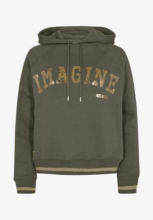 Oliwkowa bluza z kapturem z napisem "IMAGINE" w złotym brokacie oraz mniejszym logo "MOS MOSH", ściągacze na rękawach i u dołu ze złotą lamówką.