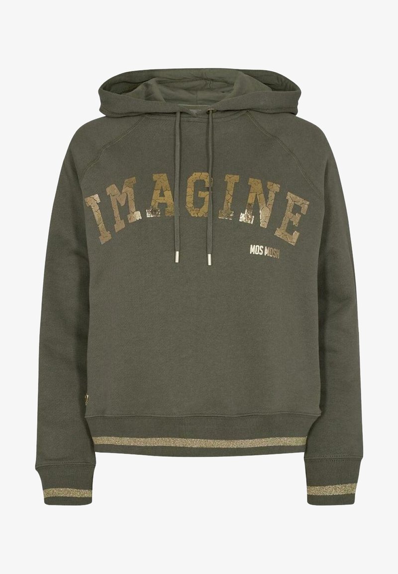 Sweat à capuche vert olive avec texte pailleté doré "IMAGINE" et logo plus petit "MOS MOSH", poignets et ourlet côtelés avec bordure dorée.