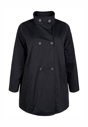 Svart lättviktig kappa med hög krage, dubbelknäppt knäppning och sidofickor. Har en mjuk struktur och avslappnad passform.