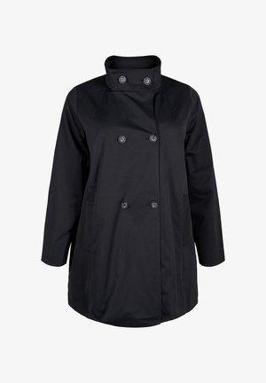 Juodas lengvas paltas su aukštu apykakle, dvigubos kišenės uždarymas su sagomis ir šoniniais kišenėmis. Savybė - glotni tekstūra ir laisvas siluetas.