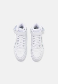White high-top sneakers made of leather, featuring a padded collar, adjustable strap, and perforated toe for ventilation. Light blue accents.