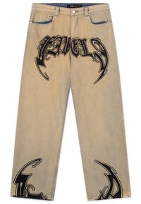 Jean droit beige avec imprimés graphiques noirs de style tribal sur les cuisses et le bas des jambes, fermeture par bouton et poches avant.