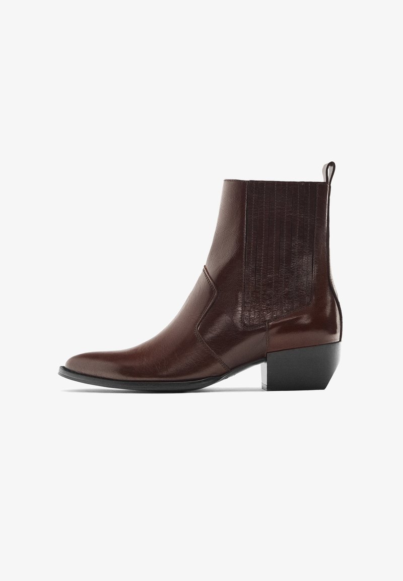 Brown leather ankle boots with a slightly pointed toe, vertical ribbed detail on the back, and a low block heel.