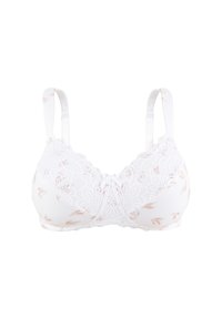 Soutien-gorge blanc avec des motifs floraux en pêche doux, des détails en dentelle le long des bonnets et des bretelles réglables. Texture lisse avec un accent en nœud au centre.