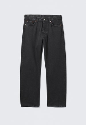 Schwarze Denim-Jeans mit geradem Bein, Fünf-Taschen-Design und metallischen Hardware-Details. Texturierter Stoff mit klassischem Finish.