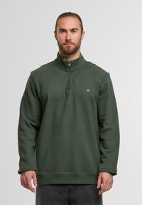 Dunkelgrüner Fleece-Pullover mit hohem Kragen, halbem Reißverschluss und kleinem Logo auf der Brust. Mit langen Ärmeln und einem lockeren Schnitt.