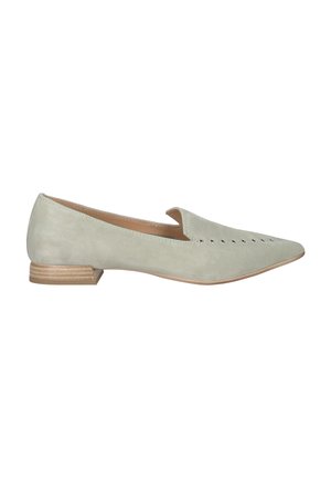 Light green suede loafer with a pointed toe, decorative perforations, and a low stacked heel in a contrasting tan tone.