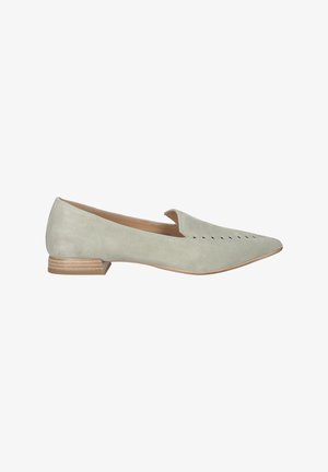 Light green suede loafer with a pointed toe, decorative perforations, and a low stacked heel in a contrasting tan tone.
