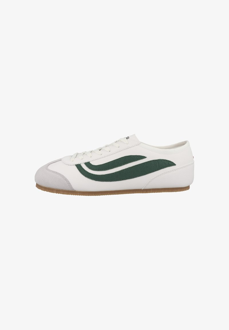 Białe sneakersy z zielonym zamszowym wzorem w falę, górna część ze skóry licowej, okrągły nos, sznurowane zapięcie oraz gumowa podeszwa. Prosty, klasyczny kształt.