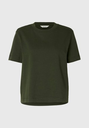 T-shirt vert olive à manches courtes avec un col rond, fabriqué en coton doux, avec un ourlet droit et des coutures minimalistes.