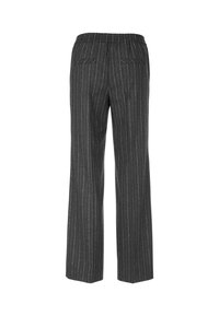 Gray striped wide-leg pants with an elastic waistband, featuring two back pockets and a smooth texture.