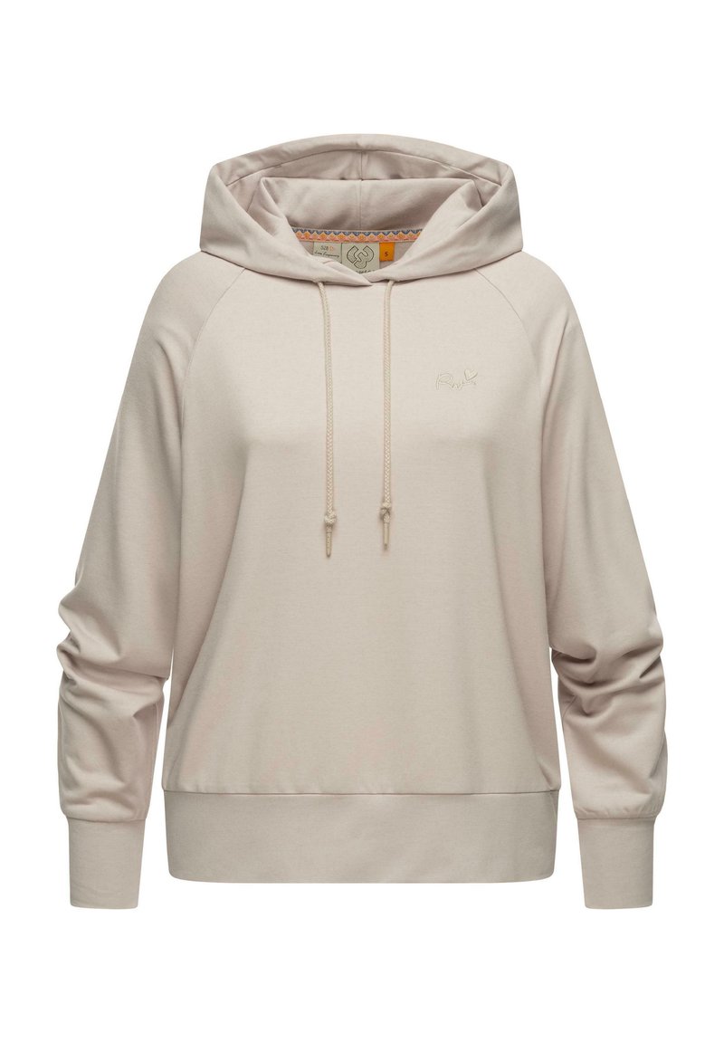 Light beige hooded sweatshirt with drawstrings, a relaxed fit, and raglan sleeves. Soft texture and ribbed cuffs. Subtle logo on the front.