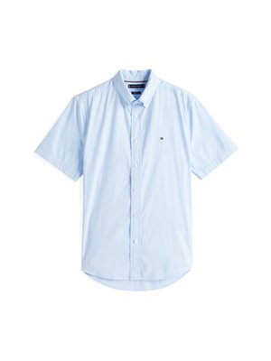 Light blue short-sleeve button-down shirt with a buttoned collar and small embroidered logo on the left chest.