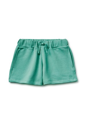 Minzgrüne Baumwollshorts mit elastischem Bund, Kordelzug vorne und seitlichen Taschen, flach auf weißem Hintergrund liegend.
