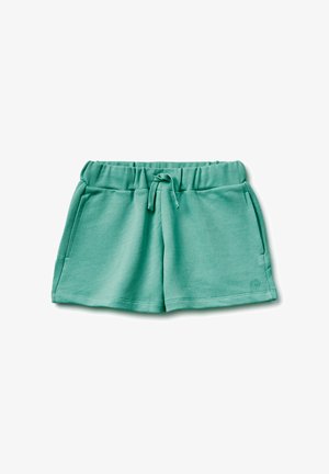 Minzgrüne Baumwollshorts mit elastischem Bund, Kordelzug vorne und seitlichen Taschen, flach auf weißem Hintergrund liegend.