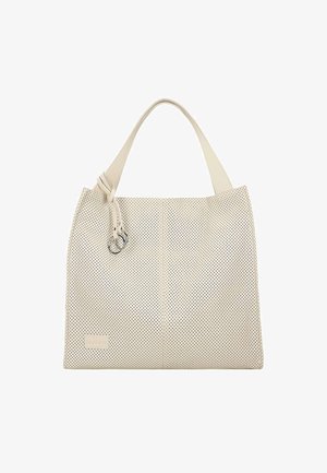 Borsa a mano in pelle perforata colore beige chiaro, con una texture morbida, forma rettangolare, manici piatti e dettagli circolari in metallo argentato.