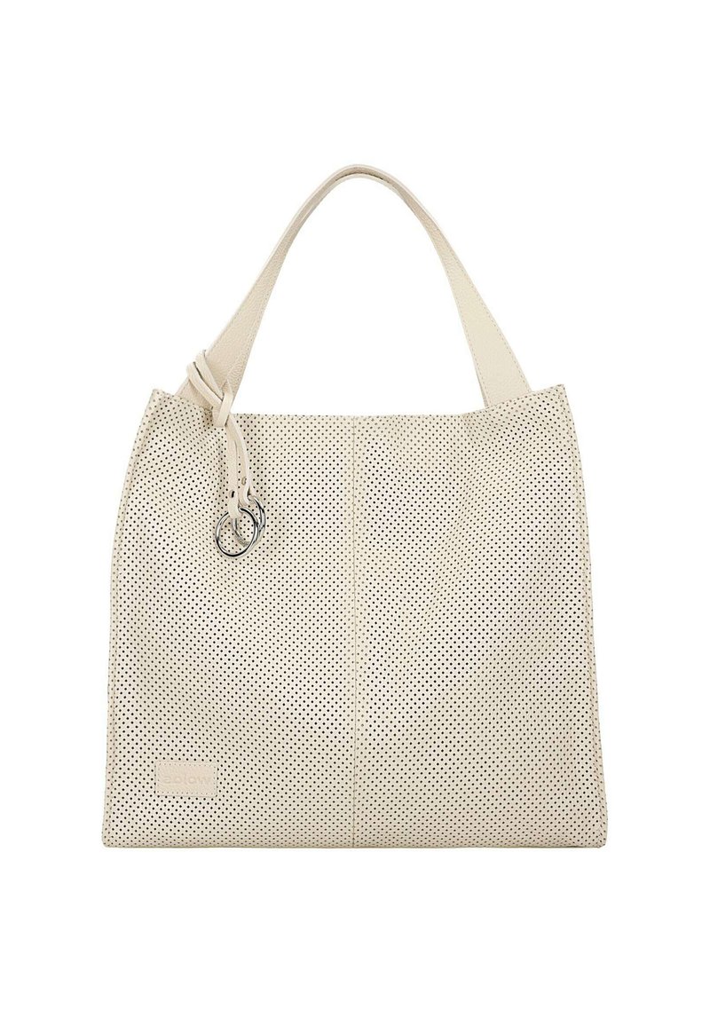 Jasnokremowa torebka ze skórzanym wykończeniem z perforacjami, o miękkiej teksturze, prostokątnym kształcie, płaskich uchwytach i okrągłych dodatkach w srebrnym kolorze.
