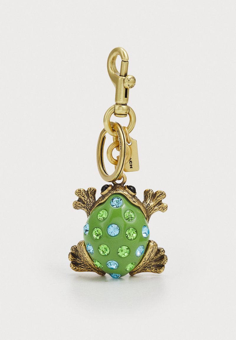 Green frog charm with blue and green rhinestones, gold-tone hardware and detailed textured legs, featuring a clip attachment.