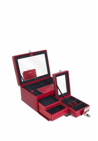 Caja de joyería de cuero rojo con un espejo en la tapa, múltiples compartimentos, dos cajones y un organizador extraíble. Interior de suave terciopelo azul.