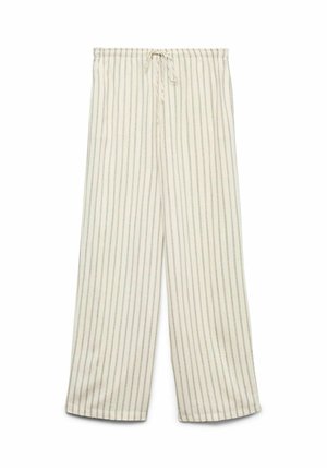 Pantalon blanc à jambes larges avec des rayures verticales beiges et une taille élastique avec cordon, posé à plat sur fond blanc.