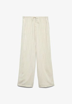Pantalon blanc à jambes larges avec des rayures verticales beiges et une taille élastique avec cordon, posé à plat sur fond blanc.