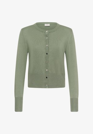 Cardigan court vert clair avec des manches longues, un col rond et des boutons-pression métalliques le long du devant.