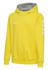 Gul hoodie med grå insida, har raglanärmar, en huva med dragsko och vita chevron-accenter på ärmarna.