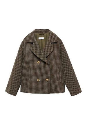 Veste à double boutonnage motif pied-de-poule marron et beige avec larges revers, quatre boutons en bois, manches longues et coupe légèrement courte.