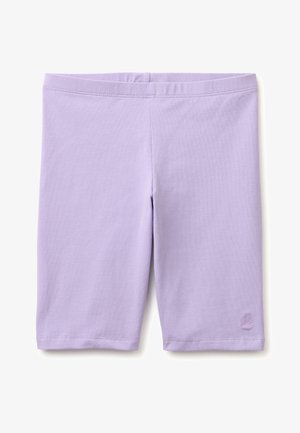 Fliederfarbene knielange Stretch-Baumwollshorts mit elastischem Bund und kleinem gesticktem Logo am Saum.