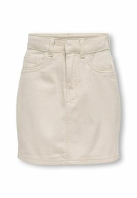Jupe en denim beige avec une taille ajustée, des poches avant et une coupe droite. Caractéristiques des détails de couture et un ourlet net.