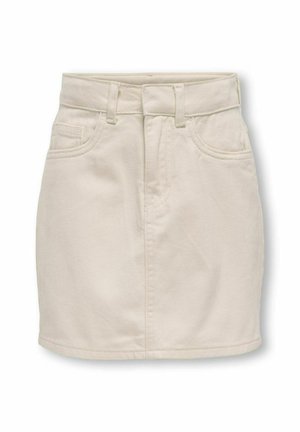 Jupe en denim beige avec une taille ajustée, des poches avant et une coupe droite. Caractéristiques des détails de couture et un ourlet net.