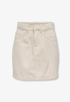 Jupe en denim beige avec une taille ajustée, des poches avant et une coupe droite. Caractéristiques des détails de couture et un ourlet net.