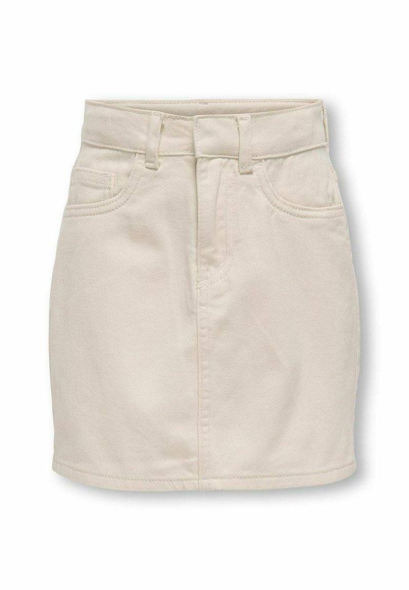 Jupe en denim beige avec une taille ajustée, des poches avant et une coupe droite. Caractéristiques des détails de couture et un ourlet net.