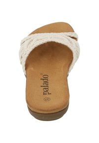 Beige gevlochten bandjes slide sandaal met een gepolsterd bruin suede voetbed en een lage, gestructureerde zool. Voorzien van het merkembleem op het voetbed.