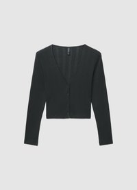 Cardigan noir court avec col en V, manches longues, motif côtelé texturé, et fermeture à boutons sur le devant. Tissu doux et léger.