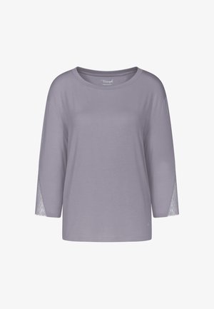 Lyse lavendel langærmet top med rund halvskæring og blonder på ærmerne. Blødt stof med en afslappet pasform. Ingen synlige logoer.