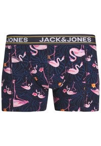 Bóxers de marinero con un patrón de flamencos rosas y flores, cinturilla elástica con etiqueta "JACK & JONES" en blanco y detalles amarillos. Material de mezcla de algodón.