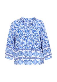 Blusa blu e bianca con un motivo astratto, maniche lunghe e una vestibilità comoda. Il tessuto ha una texture liscia e un aspetto leggero.