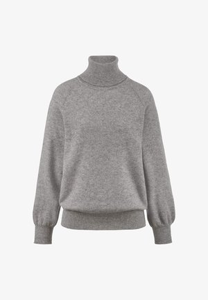 Grijze coltrui gemaakt van zachte stof. Heeft raglanmouwen, een geribbelde halslijn en een snug fit aan de onderkant en de mouwen.