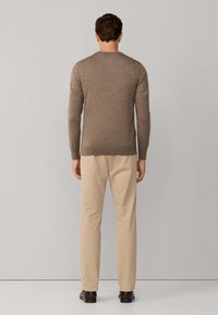 Bruine, lange mouwen trui met een ronde hals, gedragen met beige broek en donkere schoenen, gezien vanuit de achterkant tegen een neutrale achtergrond.