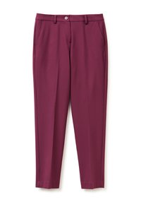 Pantaloni bordeaux realizzati in un materiale liscio, con tasche laterali, una vestibilità dritta e chiusura a un pulsante in vita.