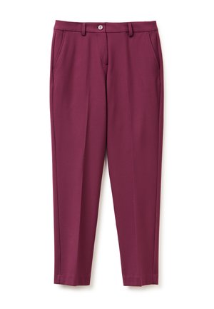 Bordeaux kleurige broek van een glad materiaal, met zijzakken, een rechte pasvorm en een enkele knoopsluiting bij de taille.